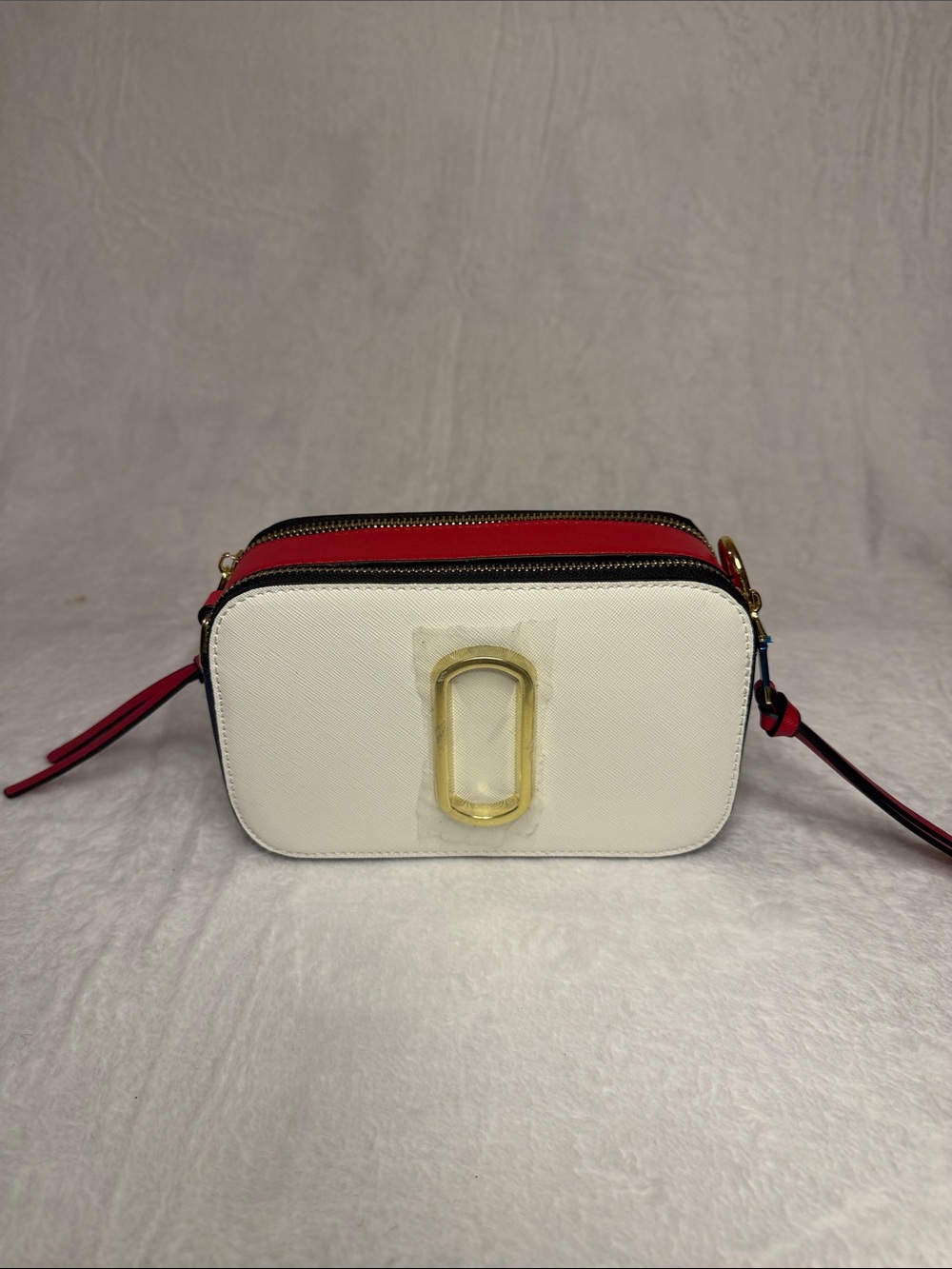 White and Red Double-Zip Crossbody with Gold Hardware